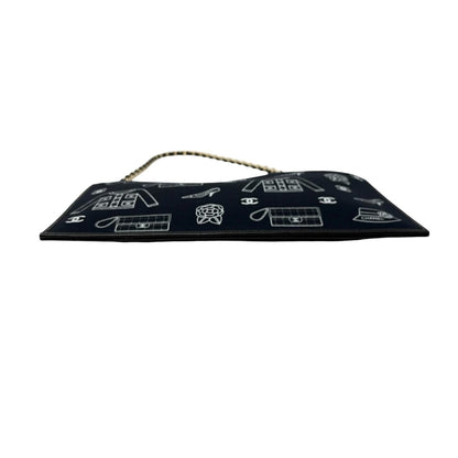 CHANEL Vintage CC Logo Icon Print Canvas Shoulder Bag Pochette Dark Blue Chain