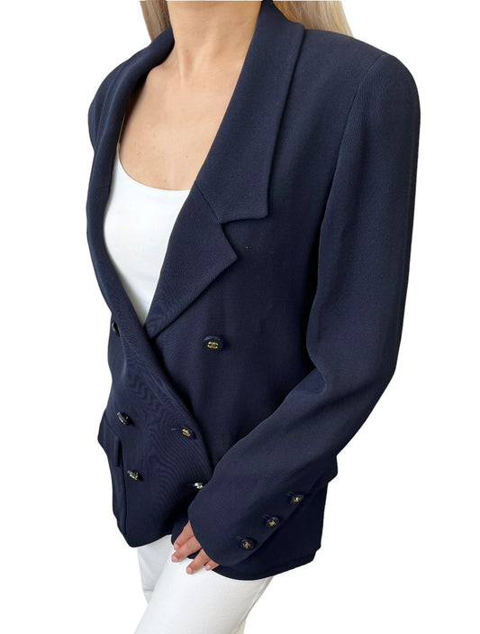 CHANEL Vintage 94A CC Logo Button Jacket #38 Blue Gold Wool Pockets 901975