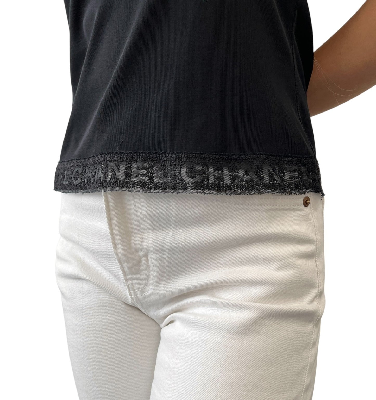 CHANEL Vintage Logo V-neck Tank Top Cotton Black Pullover Sleeveless