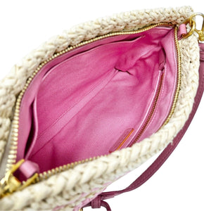 PRADA Vintage Logo Raffia Shoulder Bag Crossbody Zip Pink Cream Polyurethane