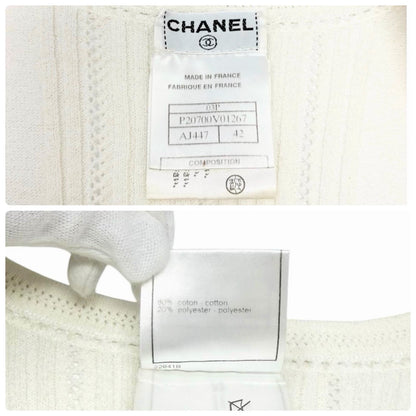 CHANEL Vintage 03P CC Logo Stripe Knit Rib T-shirt Top #42 White Cotton 902038