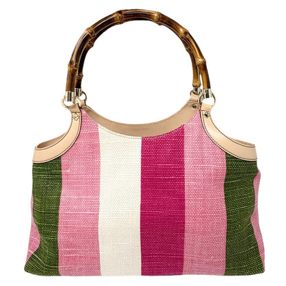 GUCCI Vintage Bamboo Stripe Hobo Shoulder Bag Handbag Multicolor Canvas 902335