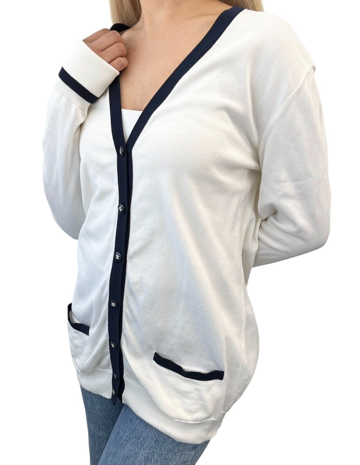 CHANEL Vintage 96P CC Logo Button Cardigan Knit Top #44 White Blue Cotton