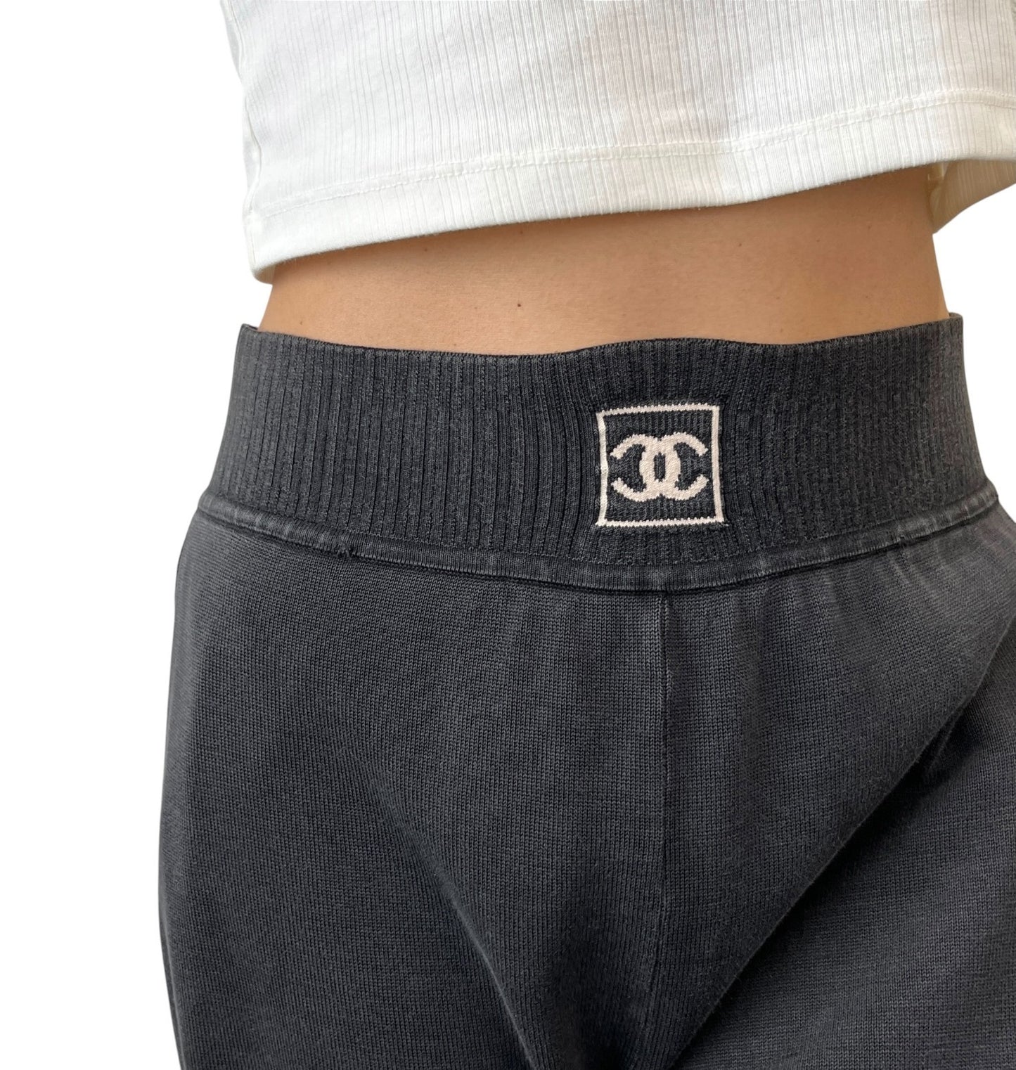 CHANEL Sport Vintage 03A CC Logo Wide Sweat Pants #42 Gray White Cotton 902069