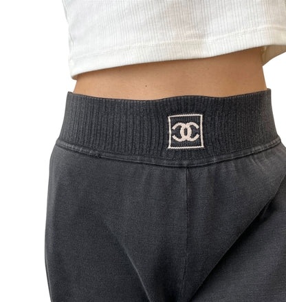 CHANEL Sport Vintage 03A CC Logo Wide Sweat Pants #42 Gray White Cotton 902069