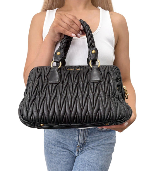 Miu Miu Vintage Quilted Tote Top Handle Bag Black Gold Leather Zip 902310
