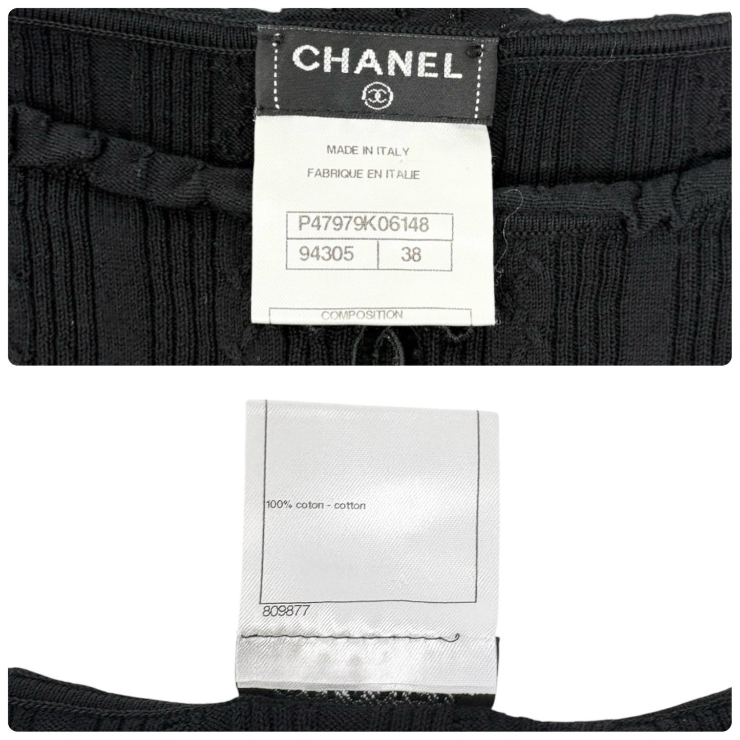 CHANEL P47979 CC Logo Rib Knit Tank Top #38 Black Sleeveless Cotton 901965