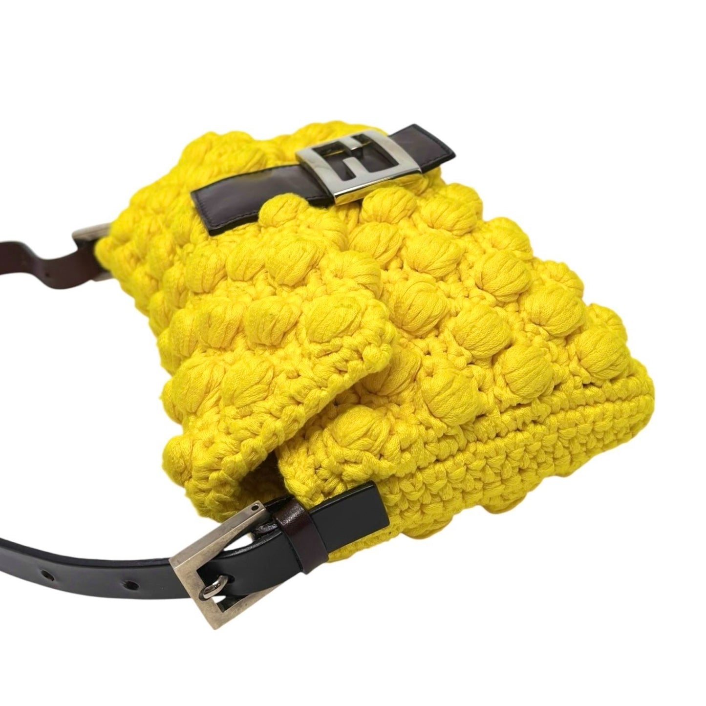 FENDI Vintage Logo Knit Mamma Baguette Shoulder Bag Yellow Brown Wool