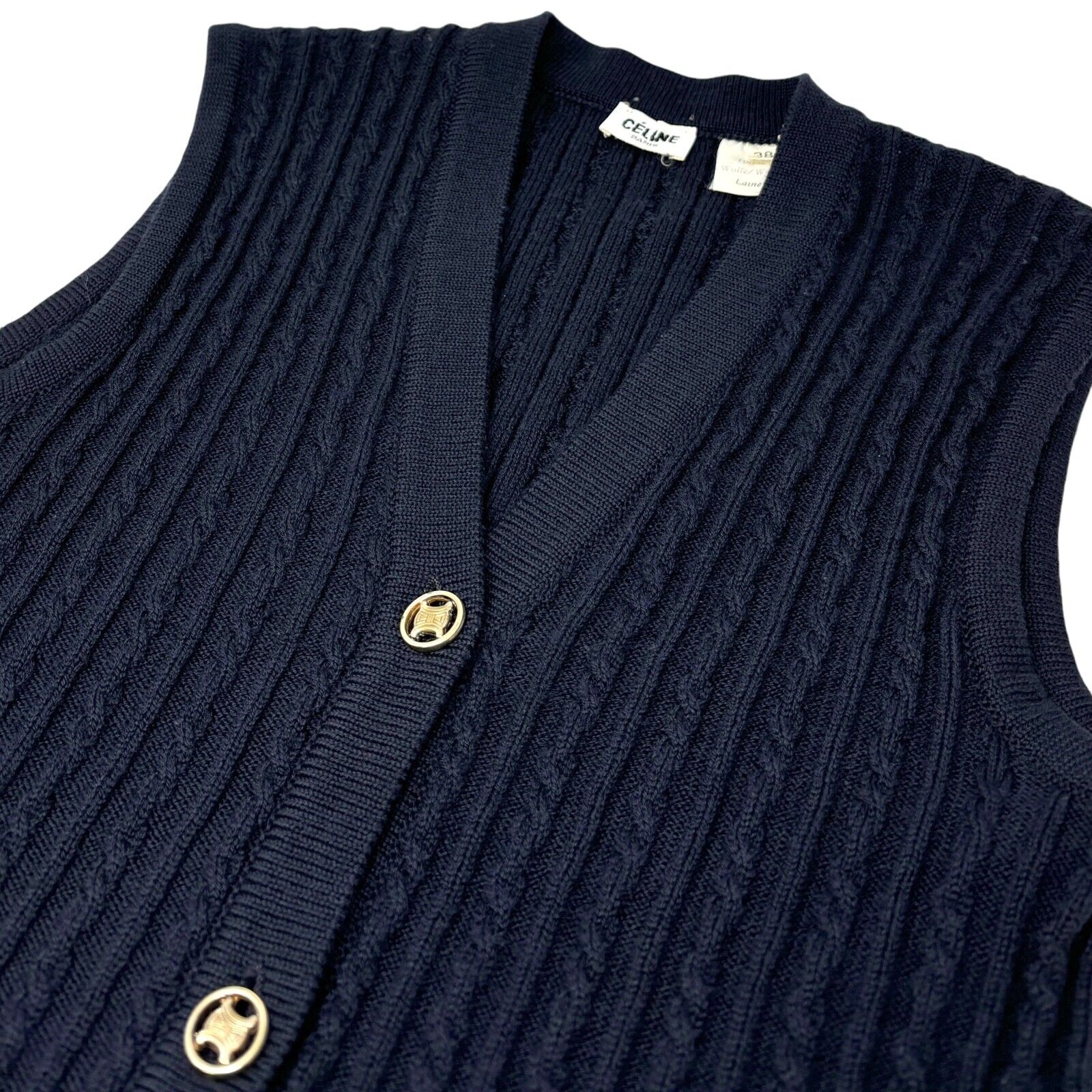 CELINE Vintage Macadam Logo Button Vest #38 Top Dark Blue Gold Wool Rank AB