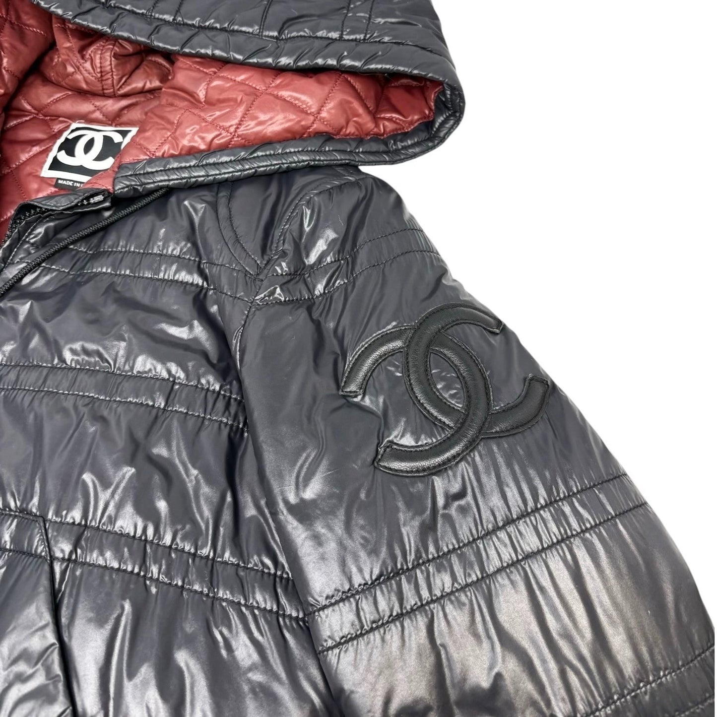 CHANEL Sport Vintage P3665 CC Logo Hoodie Zip Up Puffer Jacket #36 Red Black