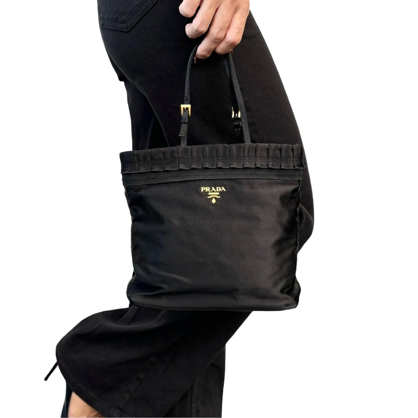 PRADA Vintage Logo Frill Mini Tote Bag Black Gold Satin Button 901834