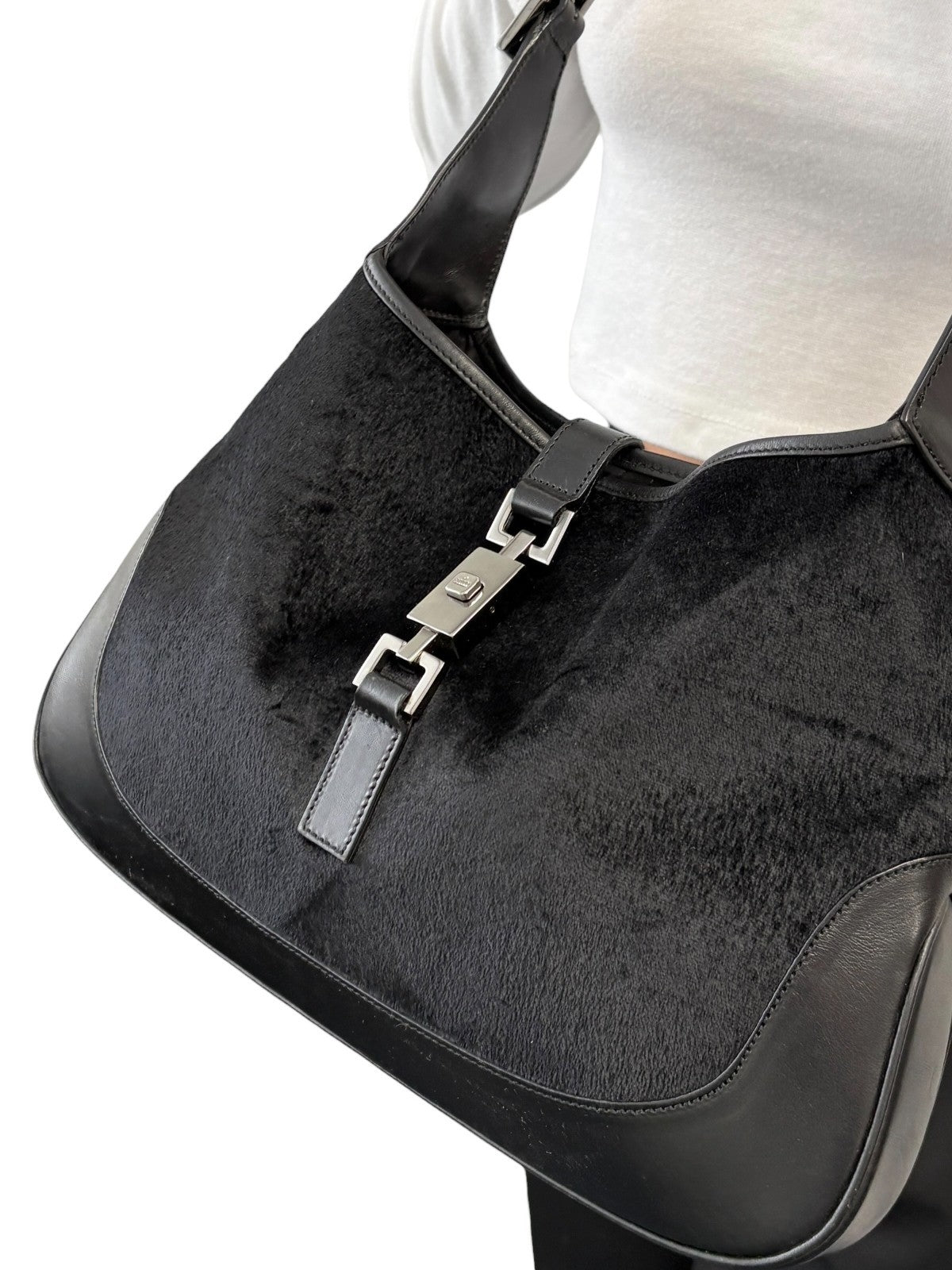 GUCCI Vintage Jackie Logo Velvet Hobo Shoulder Bag Handbag Black Silver Leather