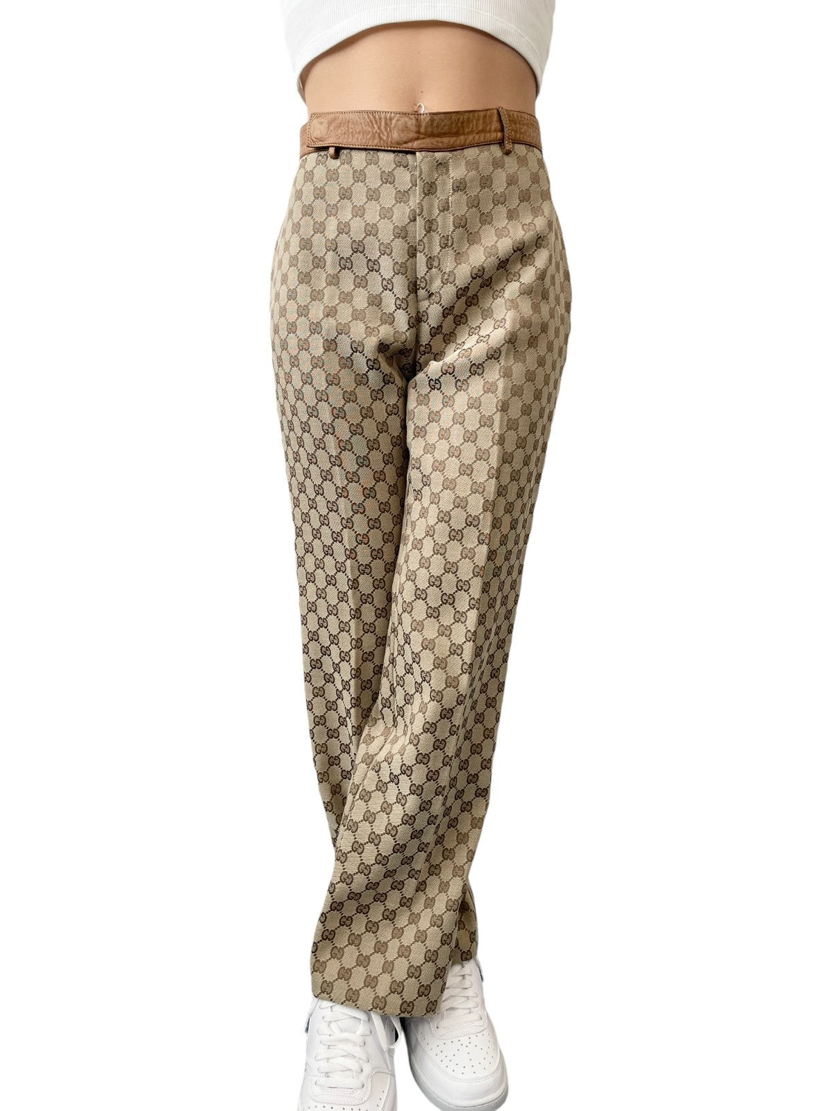 GUCCI Vintage GG Logo Jacquard Canvas Belted Tapered Cropped Pants #38 Beige
