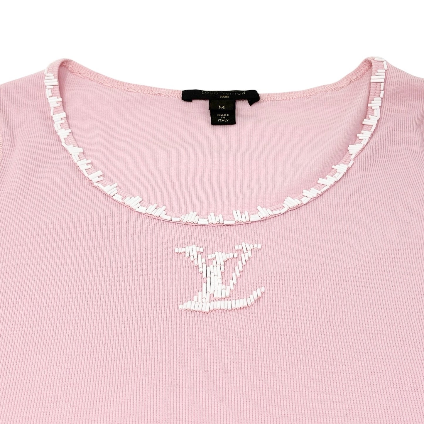 LOUIS VUITTON Vintage LV Logo 3/4 Sleeve Top #M Pink White Cotton Beads