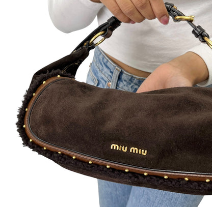 miumiu Vintage Shearling Studded Shoulder Bag Suede Boa Brown Gold 902328