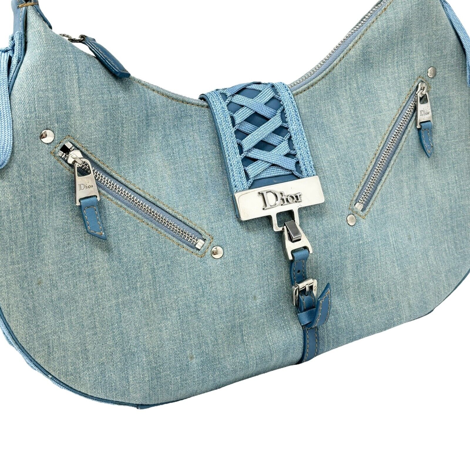 Christian Dior Vintage 2002 Admit It Denim Shoulder Bag Blue Silver Cotton