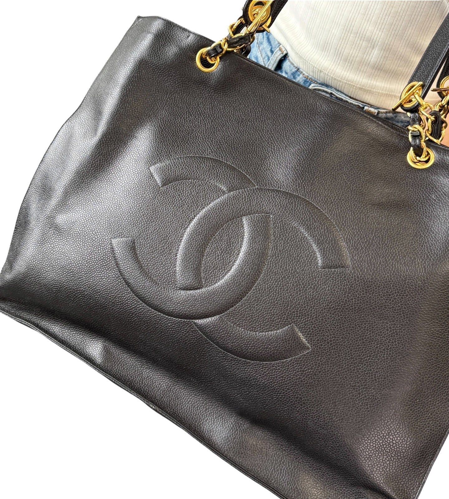 CHANEL Vintage Bic CC Logo Chain Shoulder Tote Bag Black Gold Leather 902079