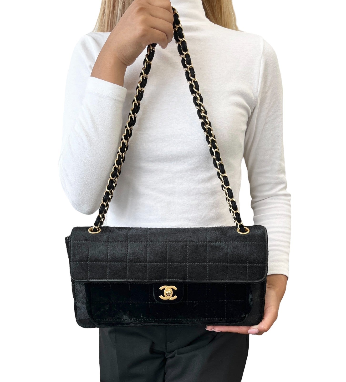 CHANEL Vintage CC Chocolate Bar Flap Pony Calf Hair Shoulder Bag Black Gold