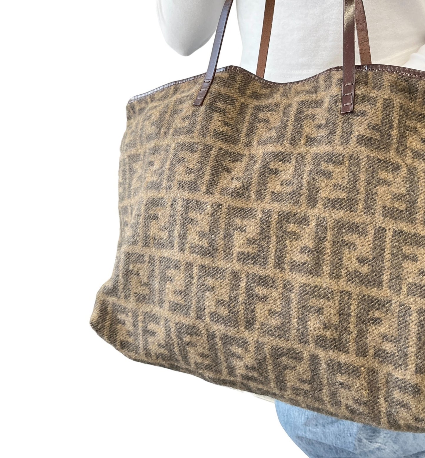 FENDI Vintage Zucca Monogram Knit Wool Tote Shoulder Bag Leather Pouch Brown