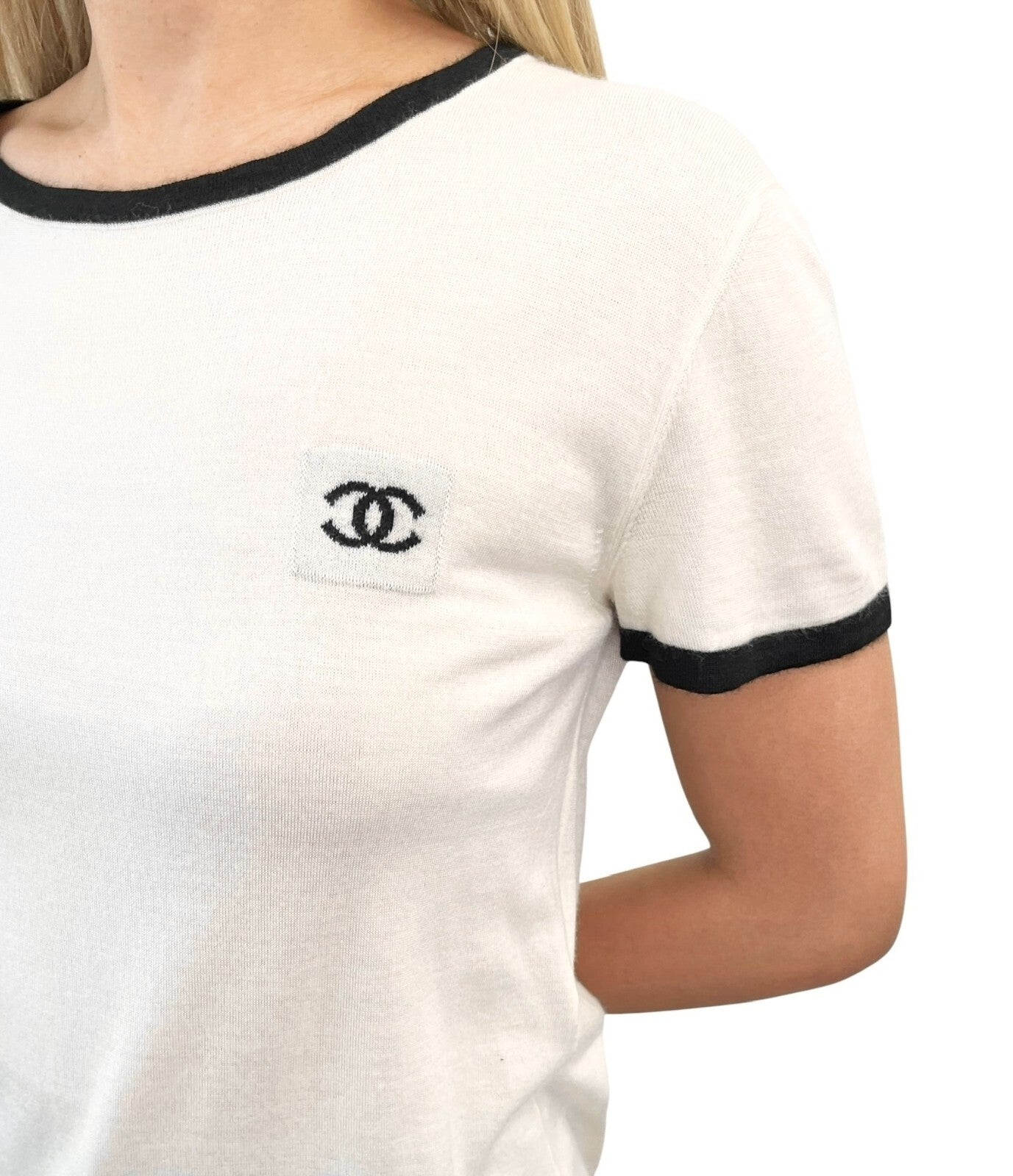 CHANEL Vintage 06C CC Mark Logo Knit Top #42 Pocket Pullover Cream Cashmere