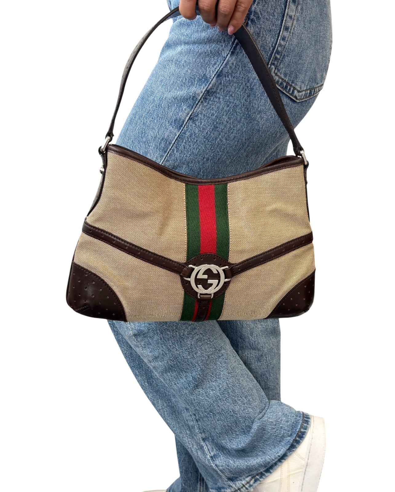 GUCCI Vintage GG Logo Interlocking Web Stripe Canvas Hobo Bag Brown 902209