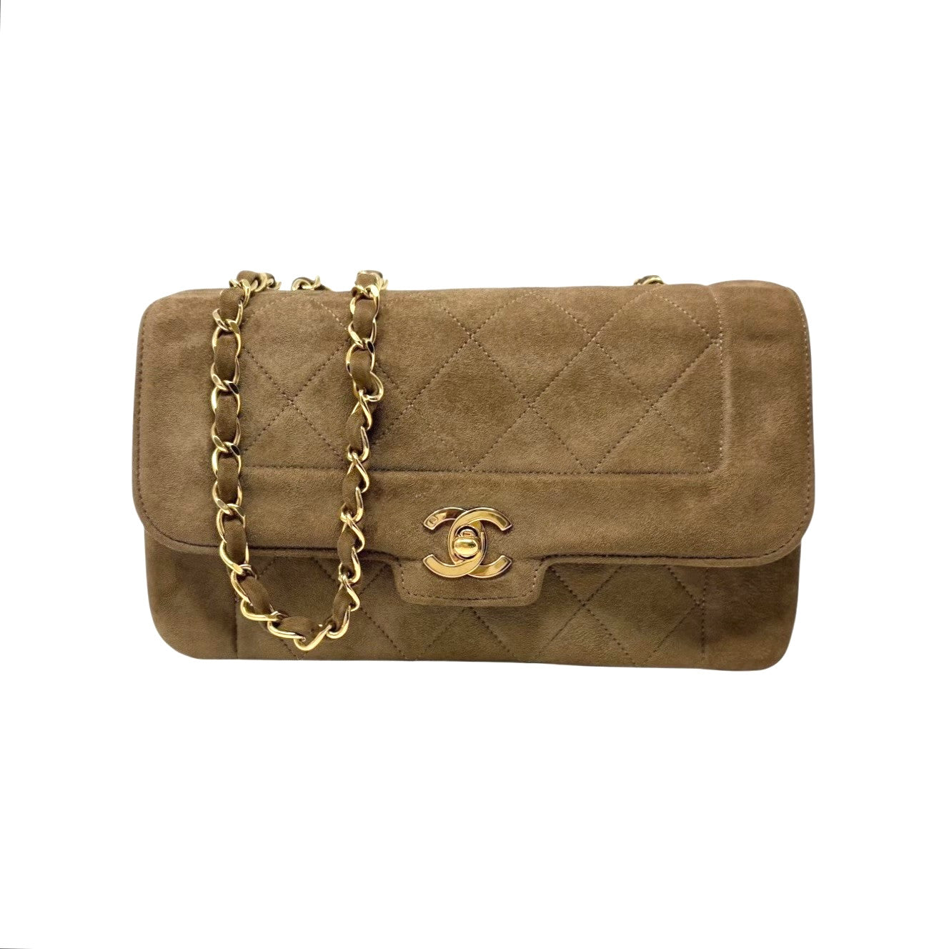 CHANEL Vintage CC Logo Turnlock Quilted Suede Flap Bag Brown Gold