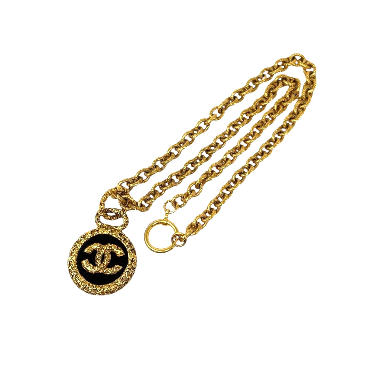 CHANEL Vintage 93A CC Logo Pendant Necklace Chain Gold Black Metal Accessory