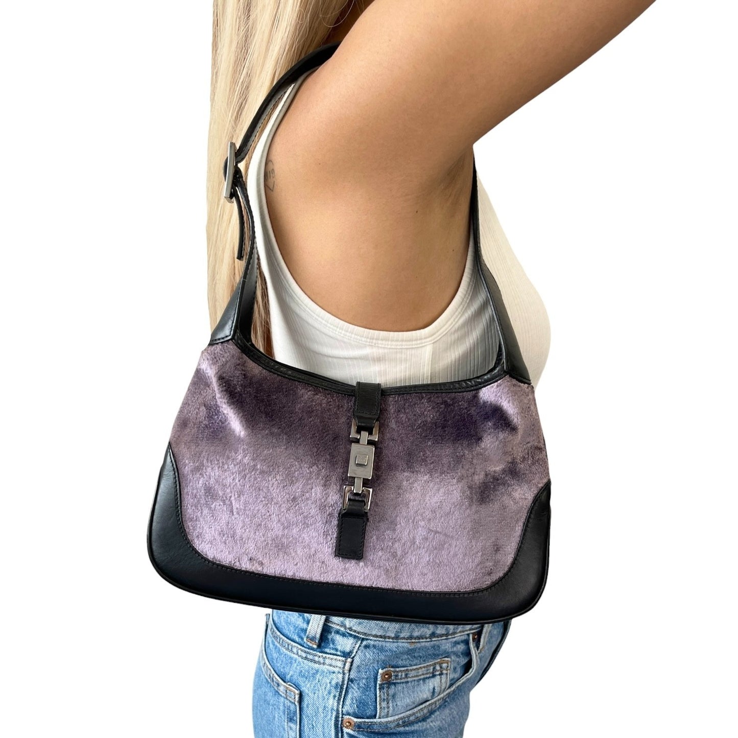 GUCCI Vintage Logo Jackie Velour Shoulder Bag Handbag Purple Black 902061