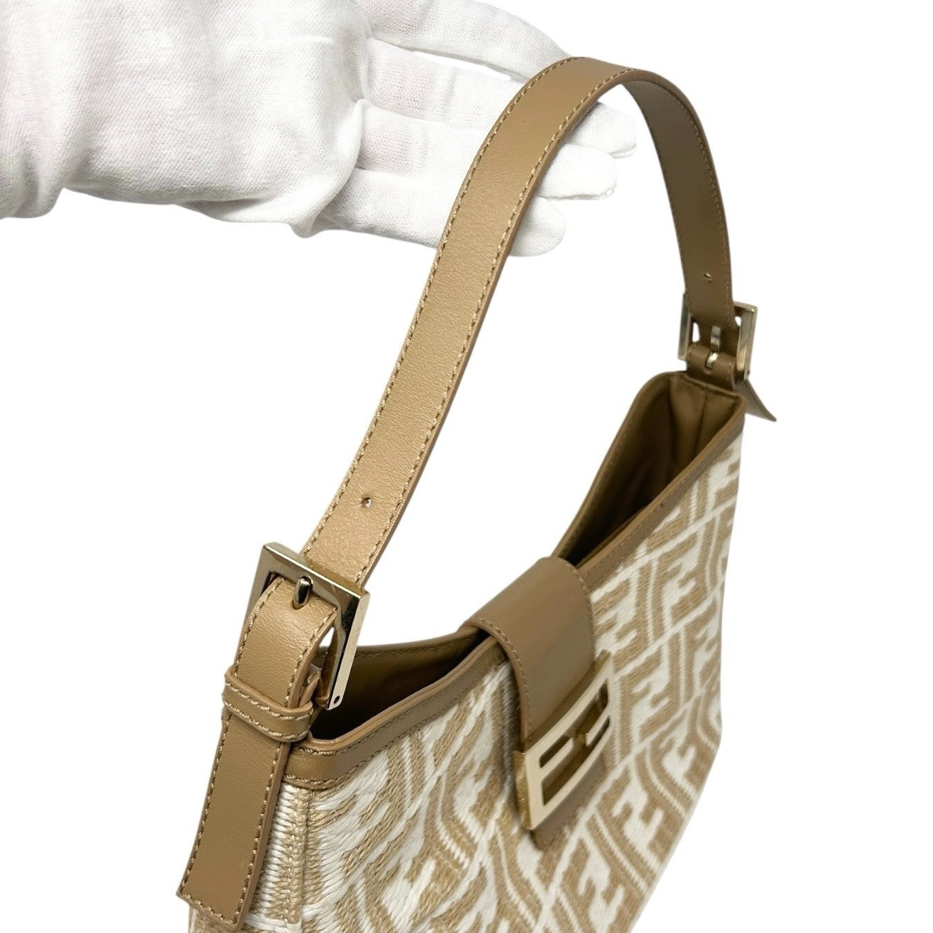 FENDI Vintage FF Logo Zucca Raffia Hobo Shoulder Bag Beige White Leather