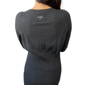 CHANEL Vintage P39367 CC Mark Back Logo Knit Dress #42 Dark Gray Wool RankAB