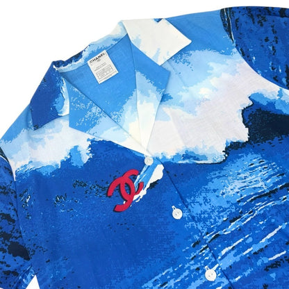 CHANEL Surf Vintage 02S CC Logo Aloha Shirt Top #36 Blue White Cotton 902834