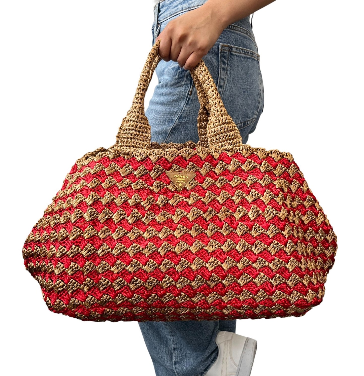 PRADA Vintage Triangle Logo Raffia Canapa Tote Bag Brown Red Crochet 902049