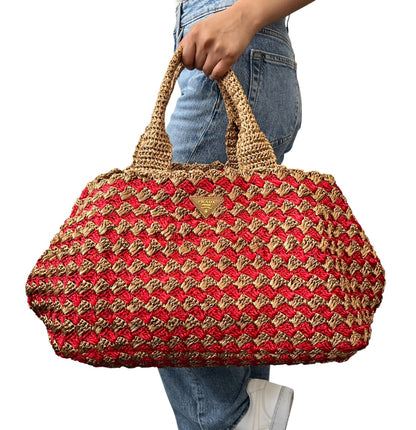 PRADA Vintage Triangle Logo Raffia Canapa Tote Bag Brown Red Crochet 902049