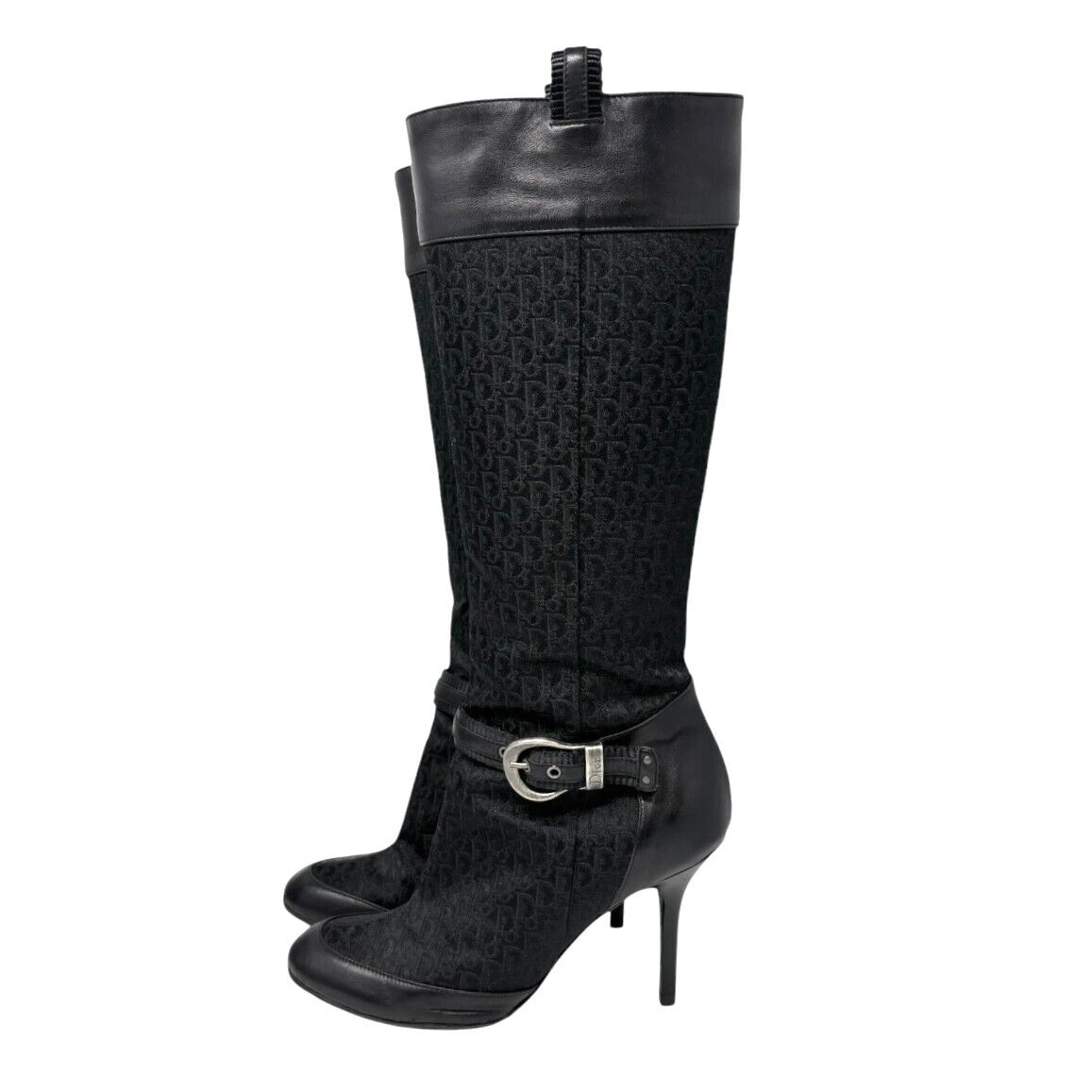 Dior Vintage Trotter Monogram Long Boots Heels #38.5 Black Silver Canvas