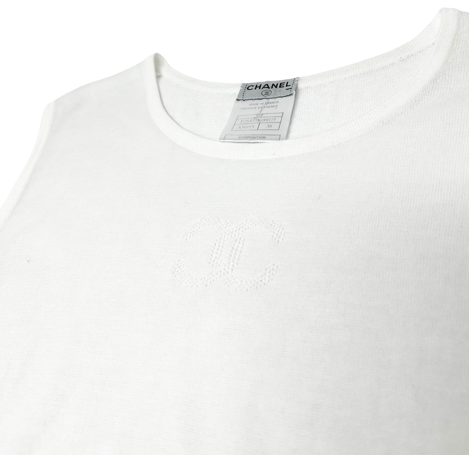 CHANEL Vintage 06P CC Logo Knit Tank Top #38 Pullover White Cotton