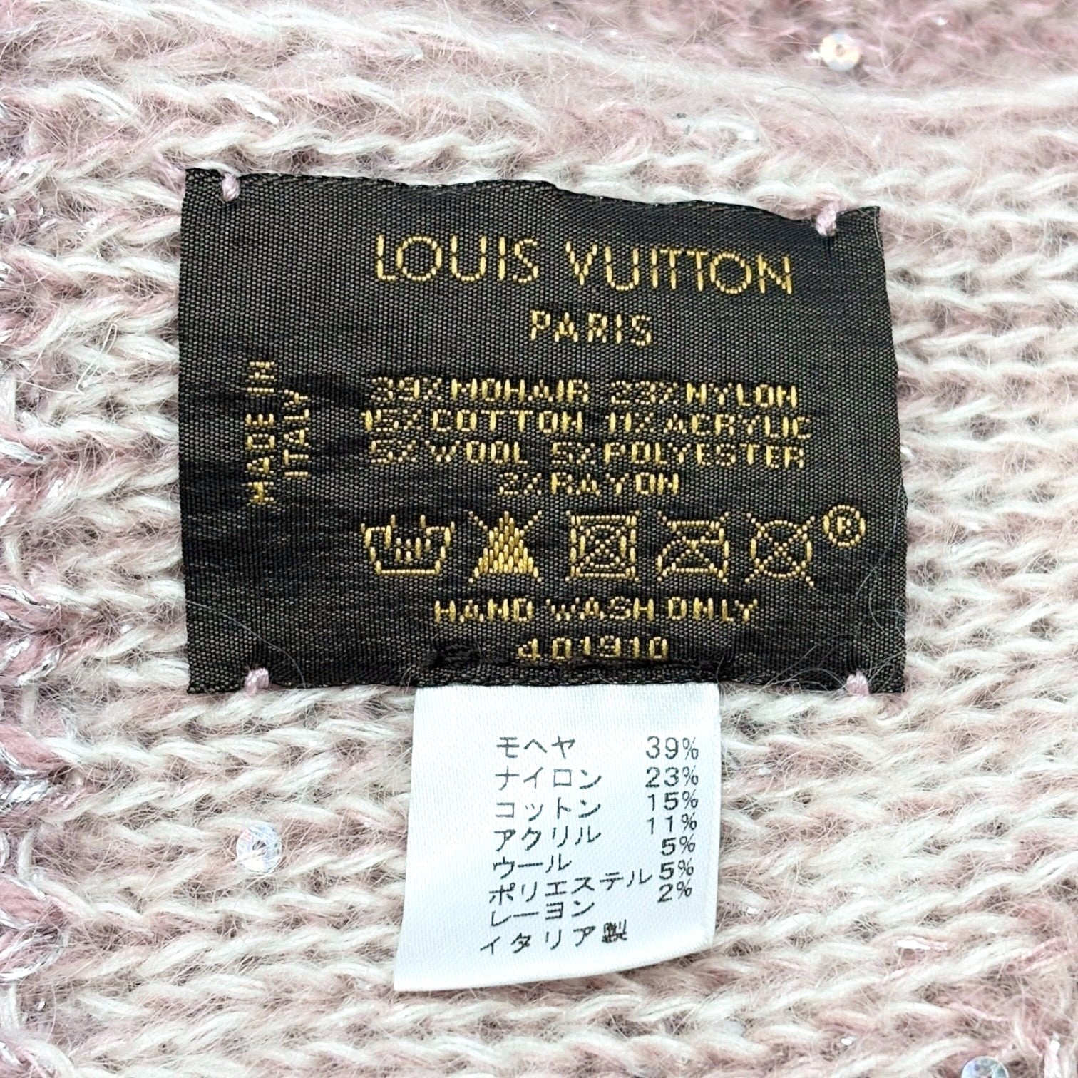 LOUIS VUITTON Vintage Monogram Logo Knit Sequins Scarf Muffler Wrap Pink Mohair