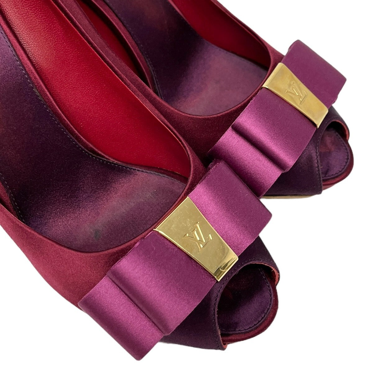 LOUIS VUITTON LV Logo Sandals Heels #38.5 US8 Open Toe Ribbon Red Purple RankAB
