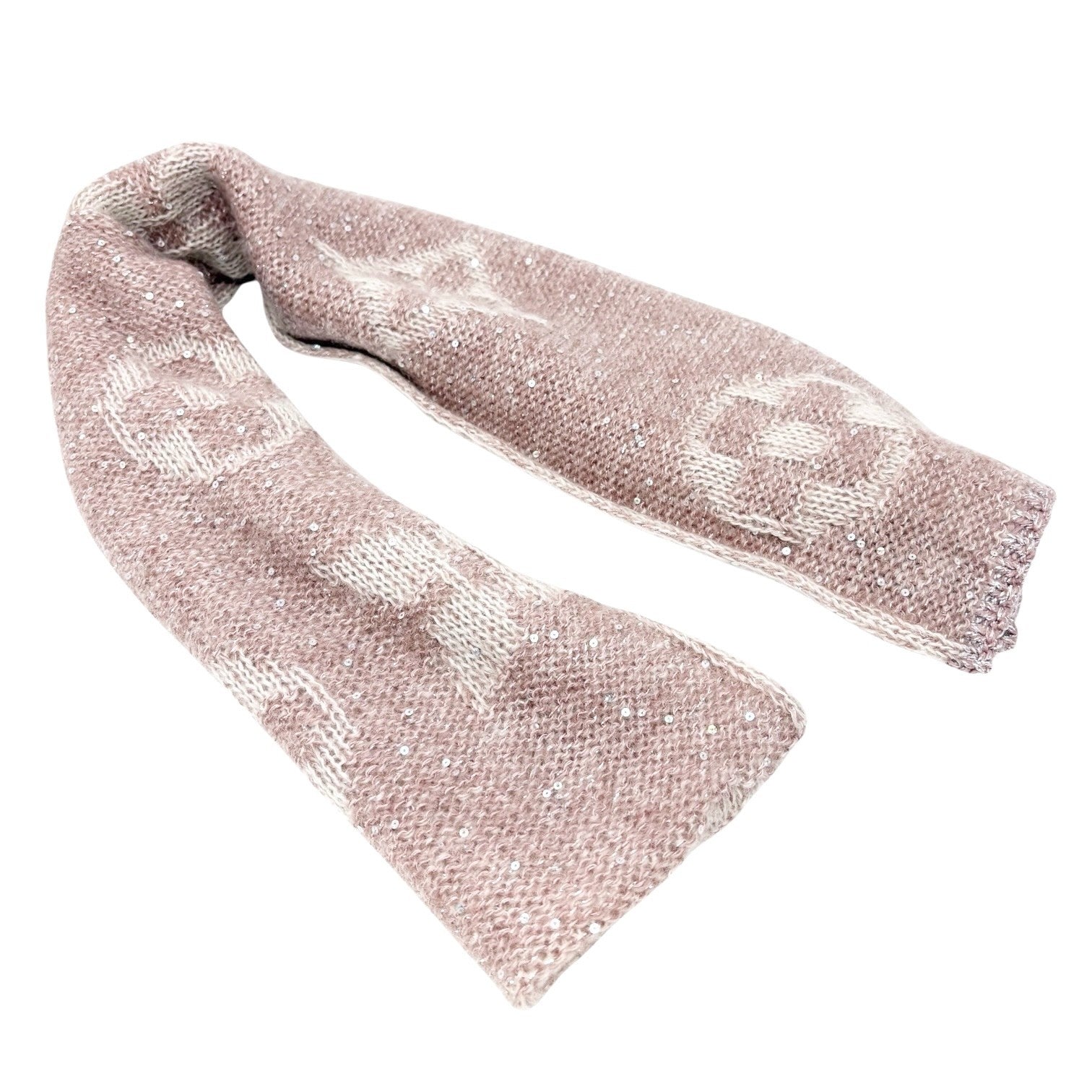 LOUIS VUITTON Vintage Monogram Logo Knit Sequins Scarf Muffler Wrap Pink Mohair