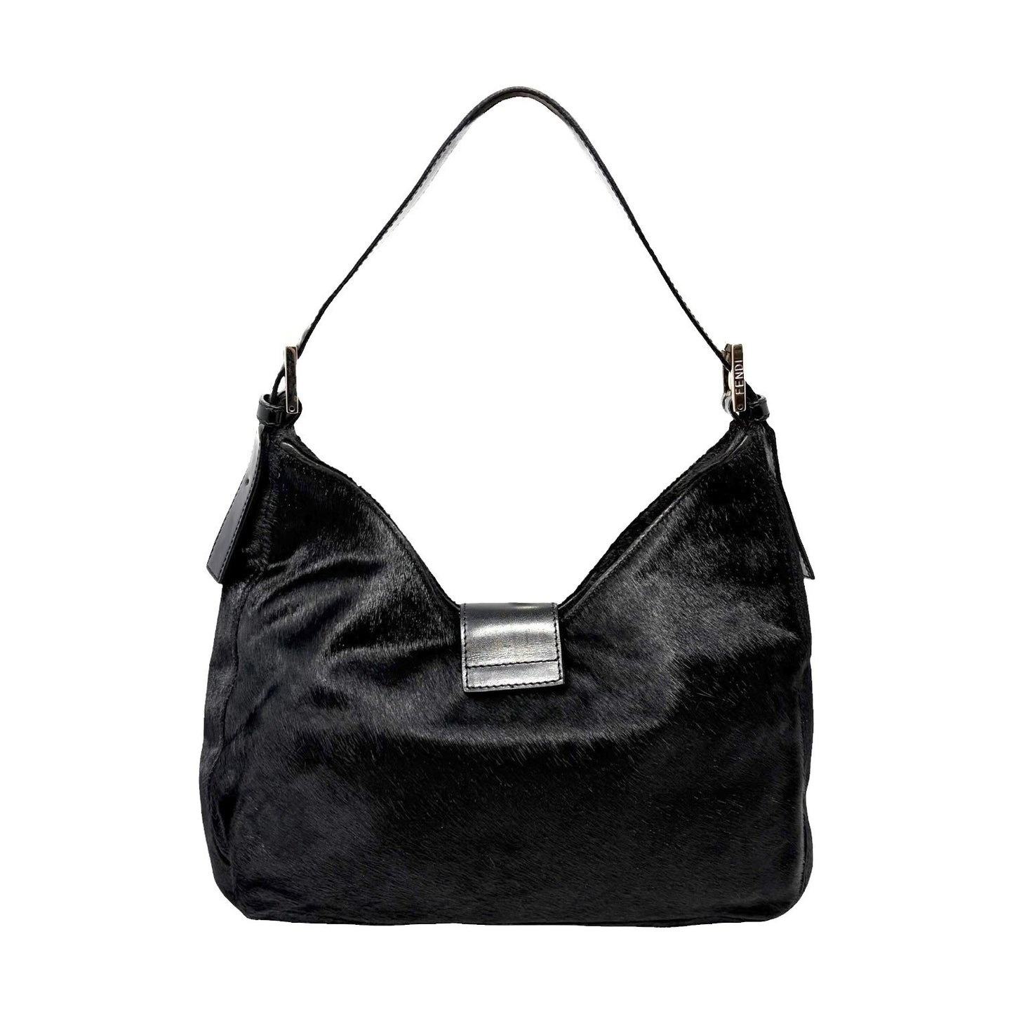 FENDI Vintage FF Logo Pony Calf Hair Hobo Shoulder Bag Black Silver 902040