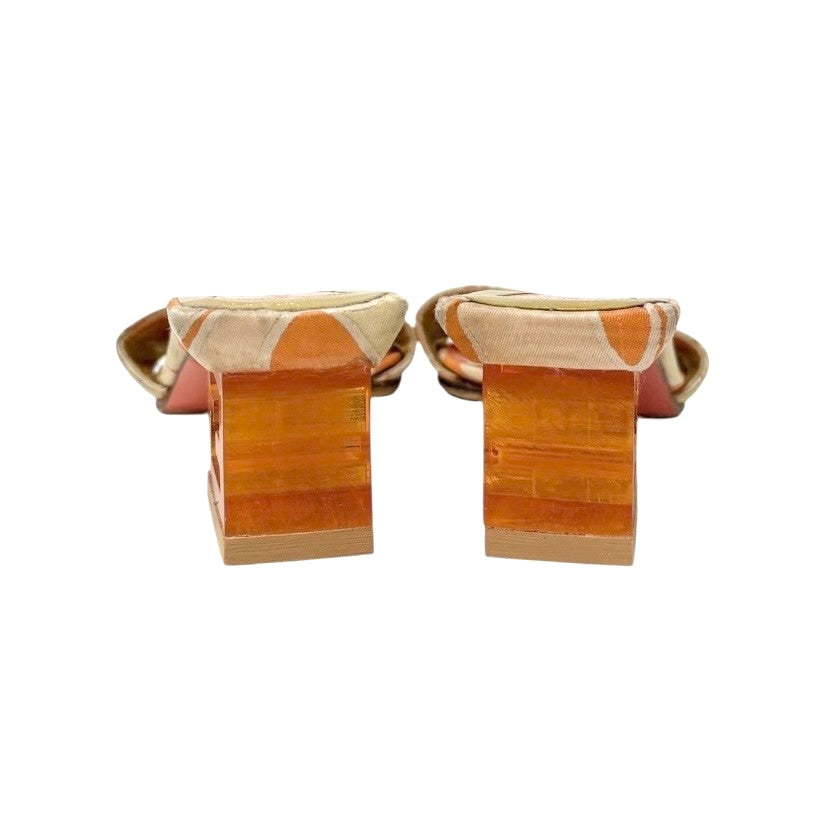 FENDI Vintage FF Logo Sandals Block Heels #36.5 Orange Gold Canvas Leather