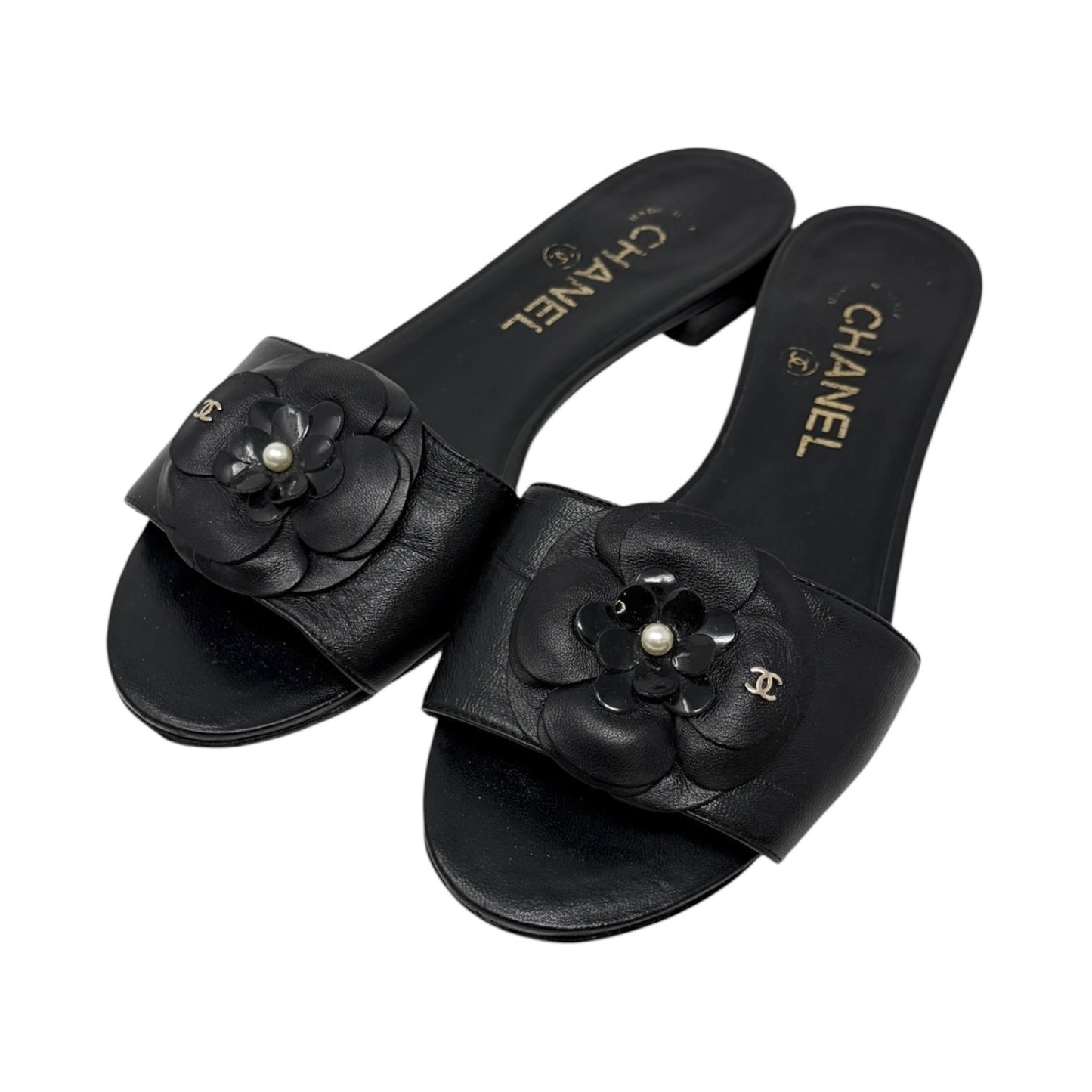 CHANEL Vintage CC Logo Camellia Leather Flat Slide Sandals #36.5 Black