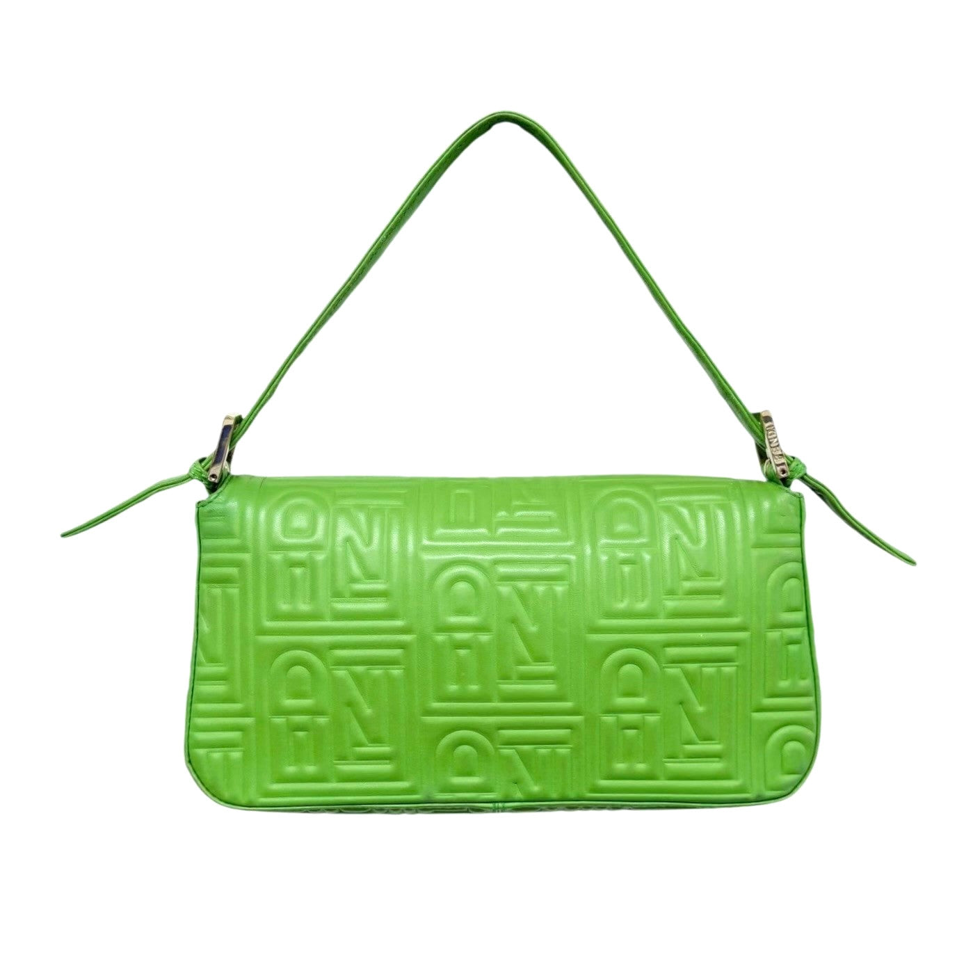 FENDI Vintage FF Logo Embossed Mamma Baguette Shoulder Bag Green Leather Silver