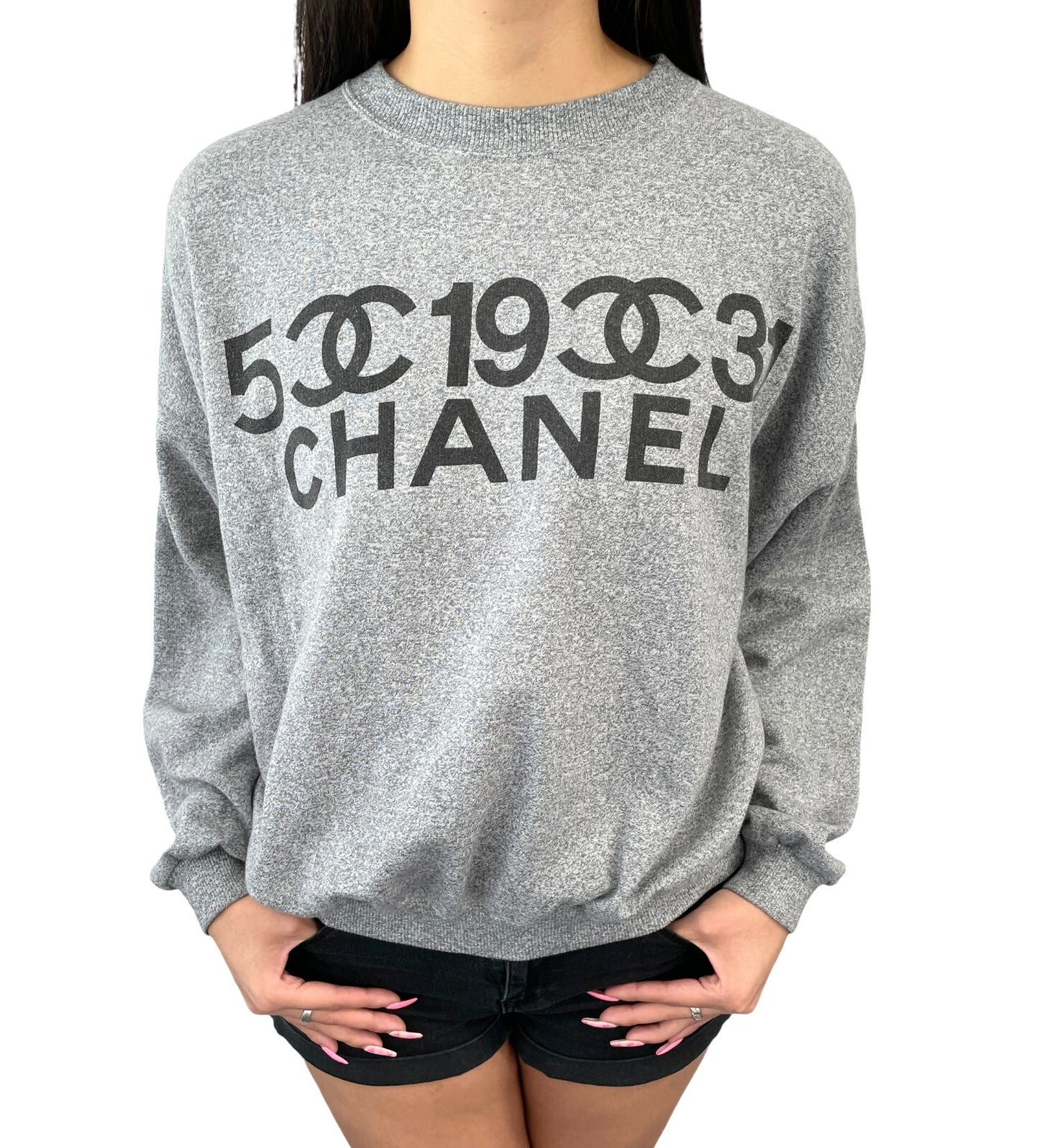 CHANEL Vintage 90s CC Logo Sweatshirt Pullover Long Sleeve Gray Black Cotton