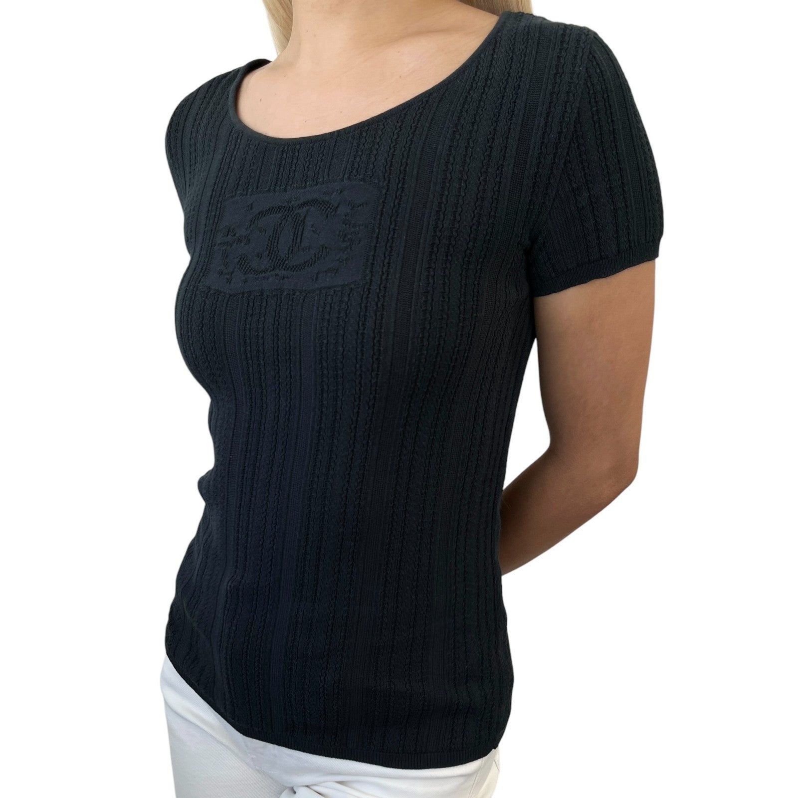 CHANEL Vintage 04P CC Mark Logo Mesh Knit T-shirt Top #38 Black Cotton