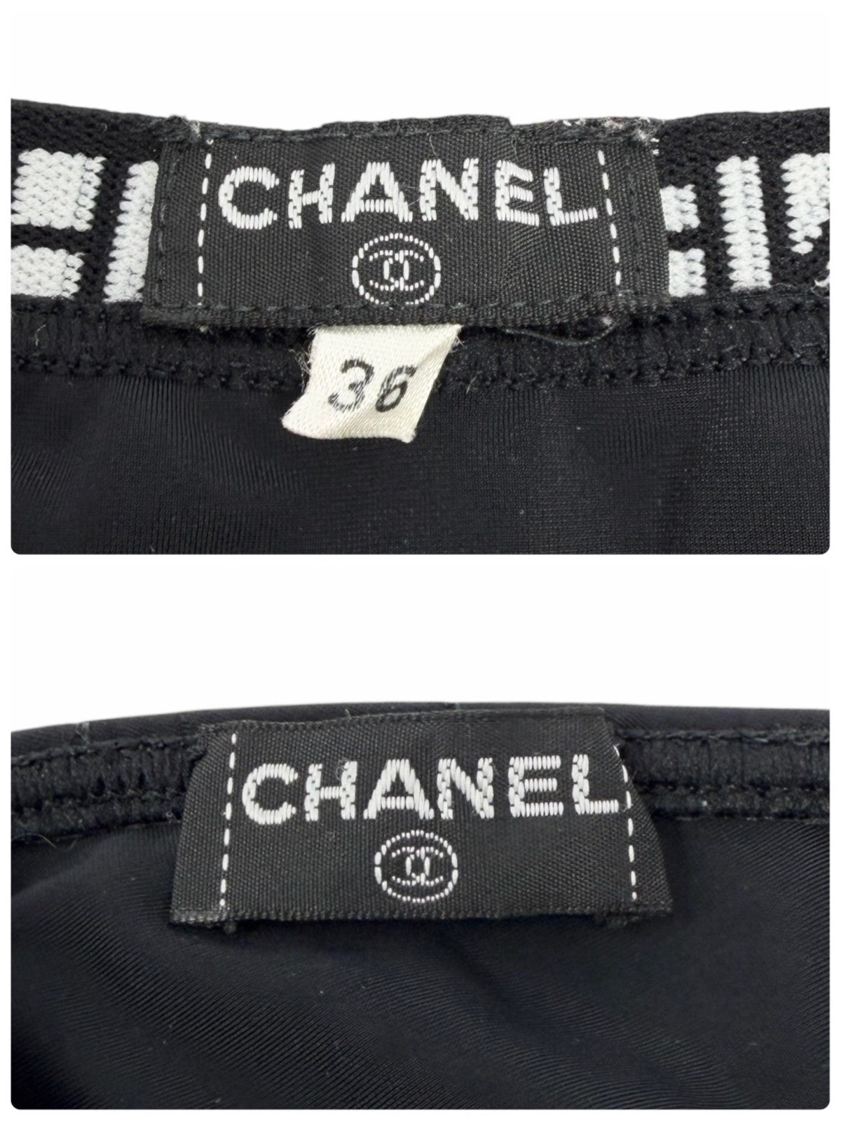 CHANEL Vintage CC Logo Swimsuit Swimwear Bikini Black White Nylon 106952