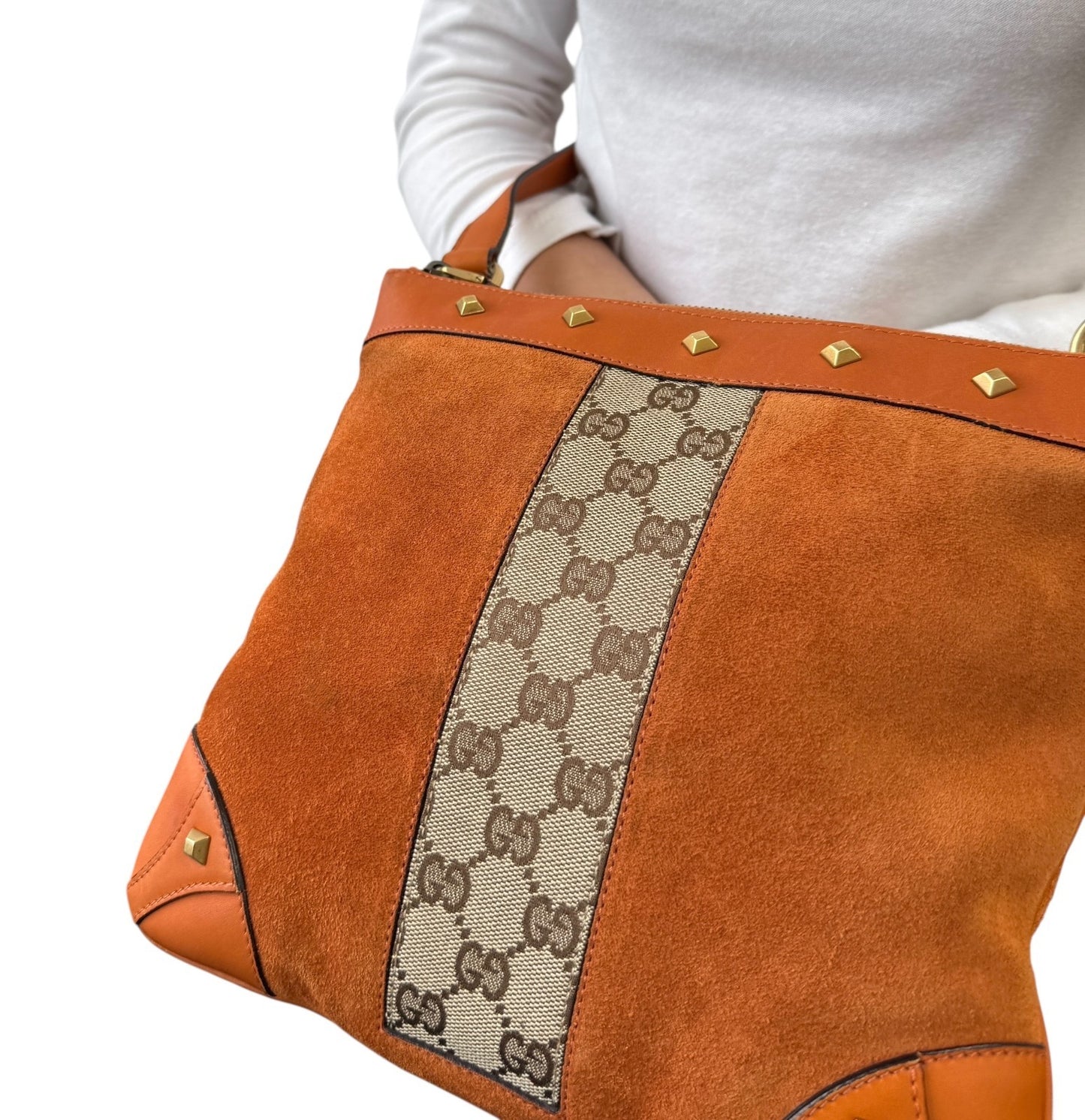 GUCCI Vintage GG Monogram Crossbody Bag Orange Suede Canvas Leather Nailhead