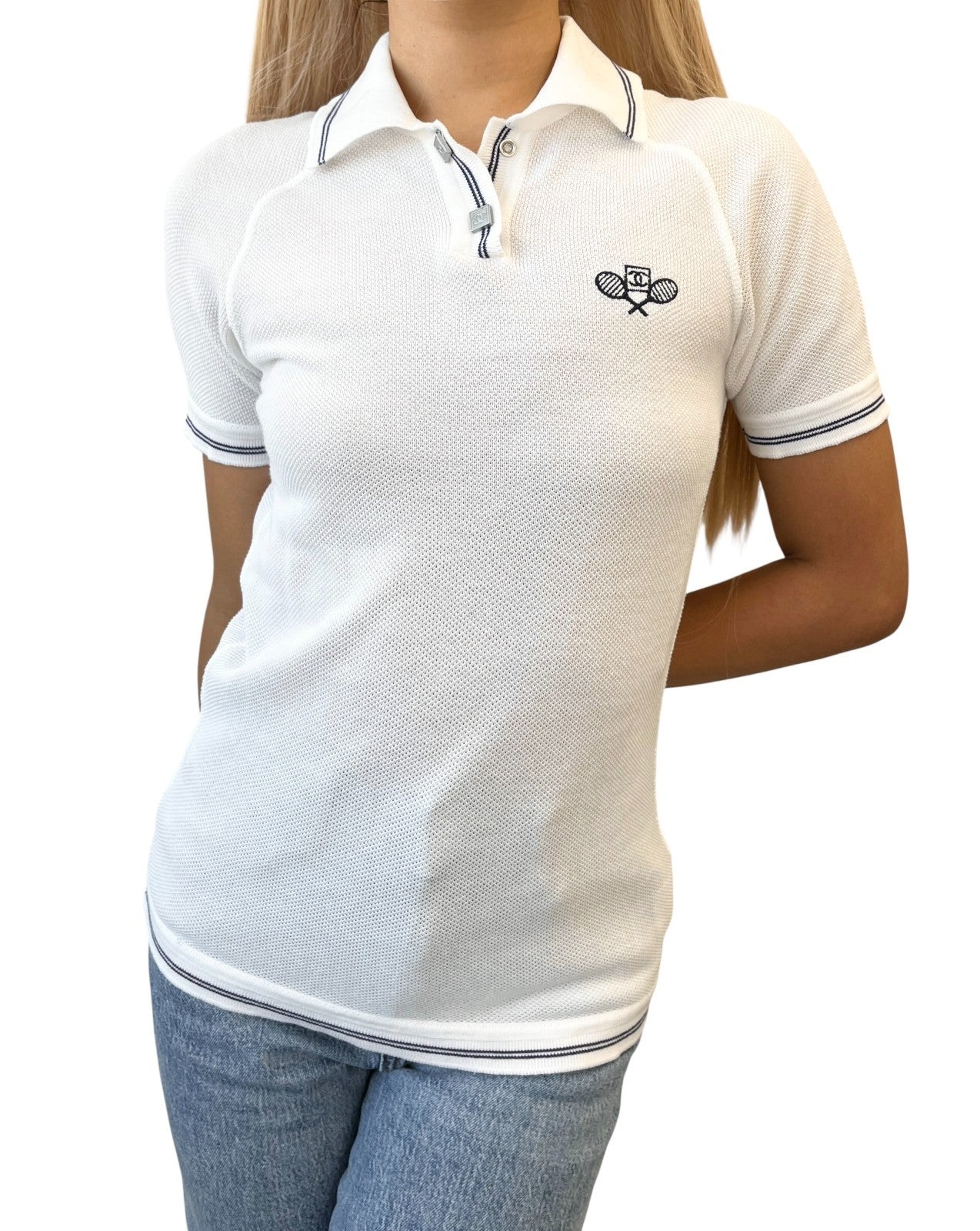CHANEL Sport Vintage 05P CC Logo Polo T-shirt Top #38 Tennis Racket White Blue