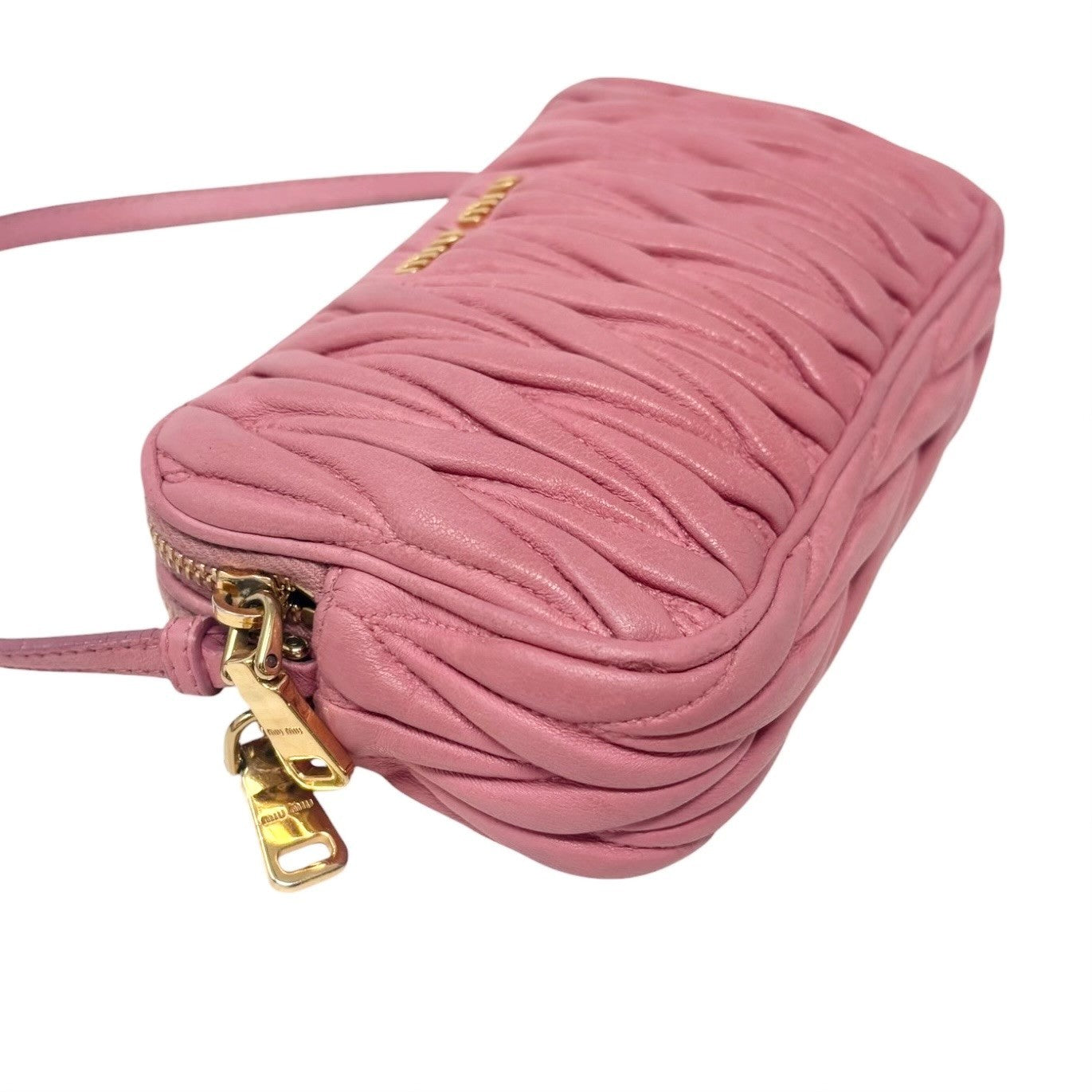 miu miu Vintage Logo Matelasse Leather Mini Double Zip Bag Pink Gold 902277