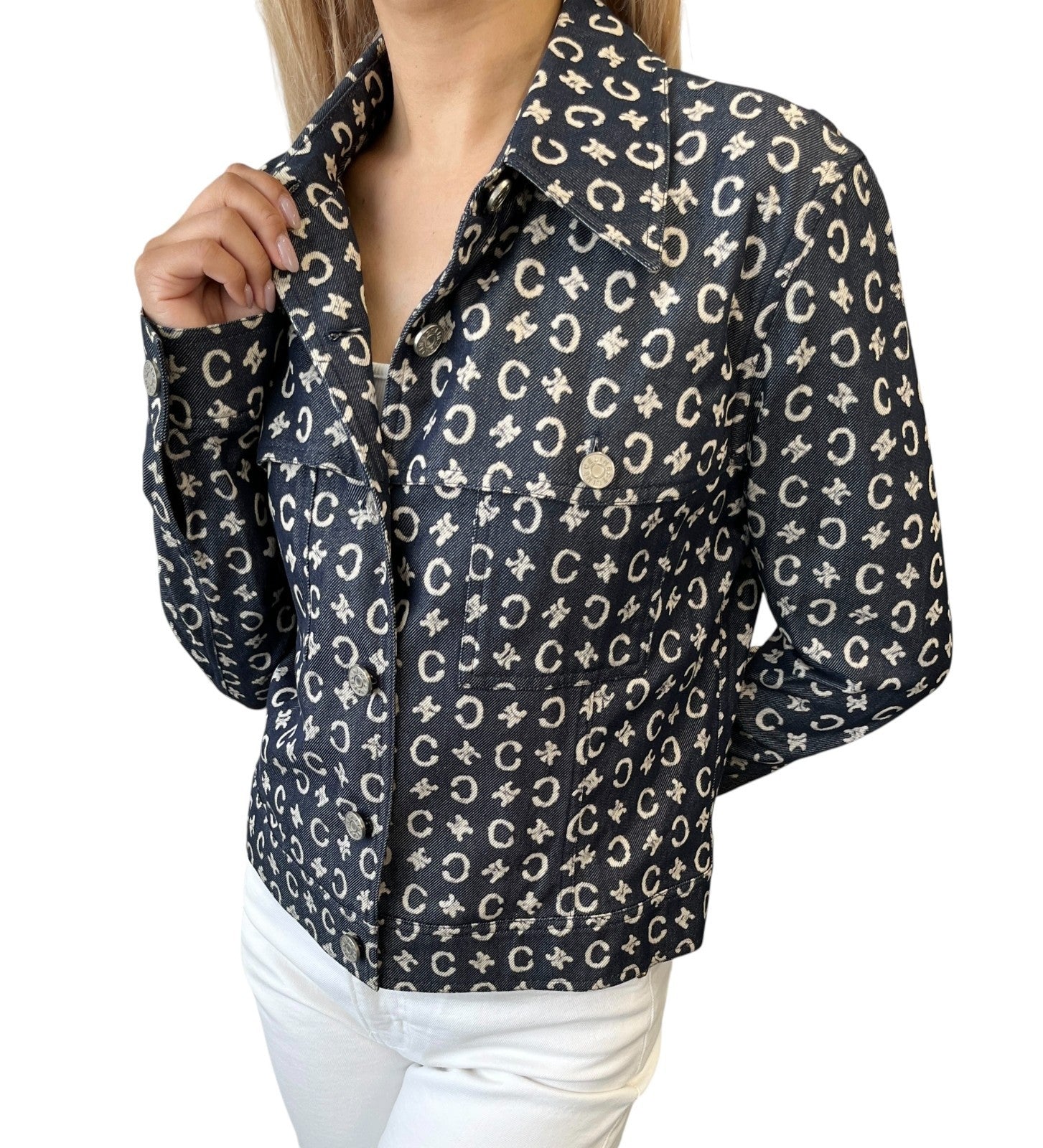 CELINE Vintage 2005 Macadam Monogram Logo Denim Jacket #40 Dark Blue White