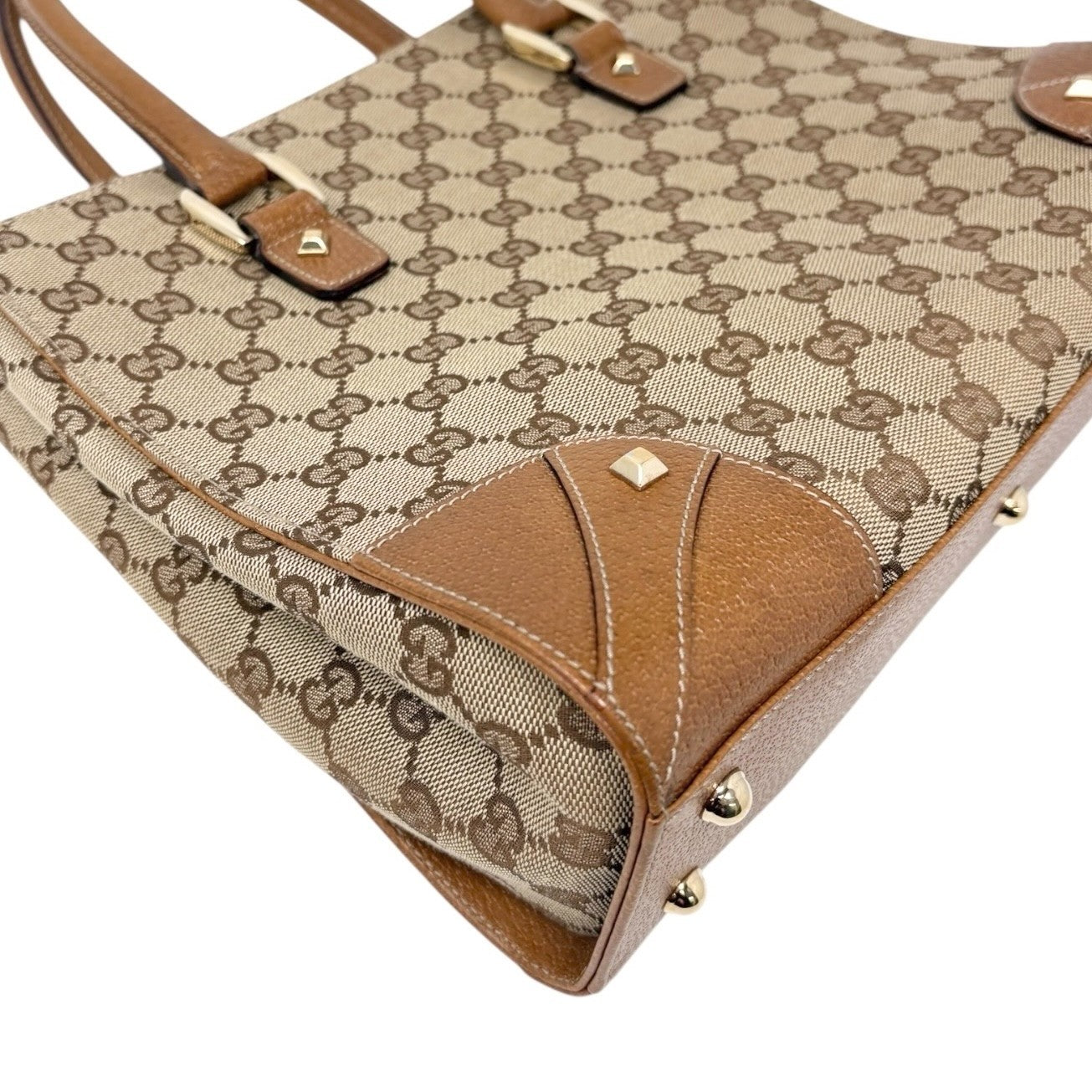 GUCCI Vintage GG Canvas Monogram Tote Bag Nailhead Camel Brown Studs Leather